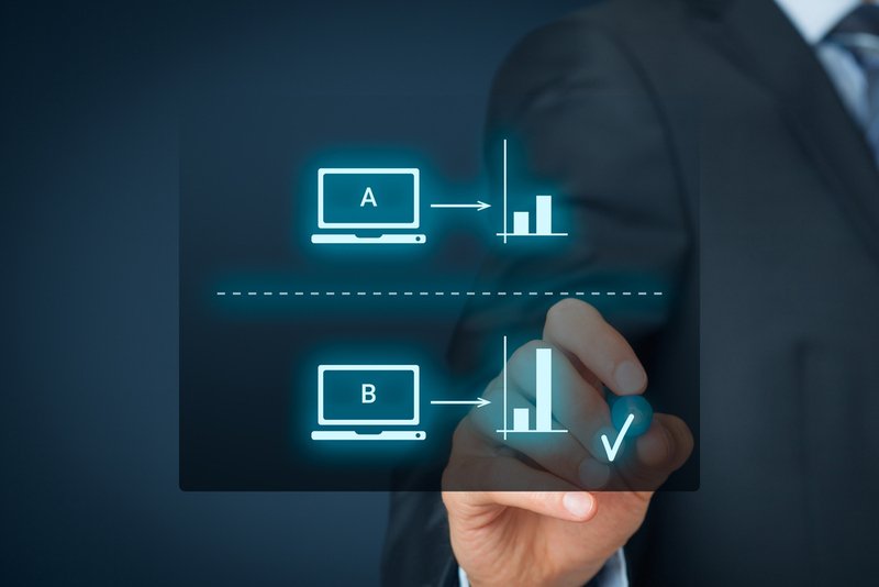 a man choosing B test on an A/B testing graphic